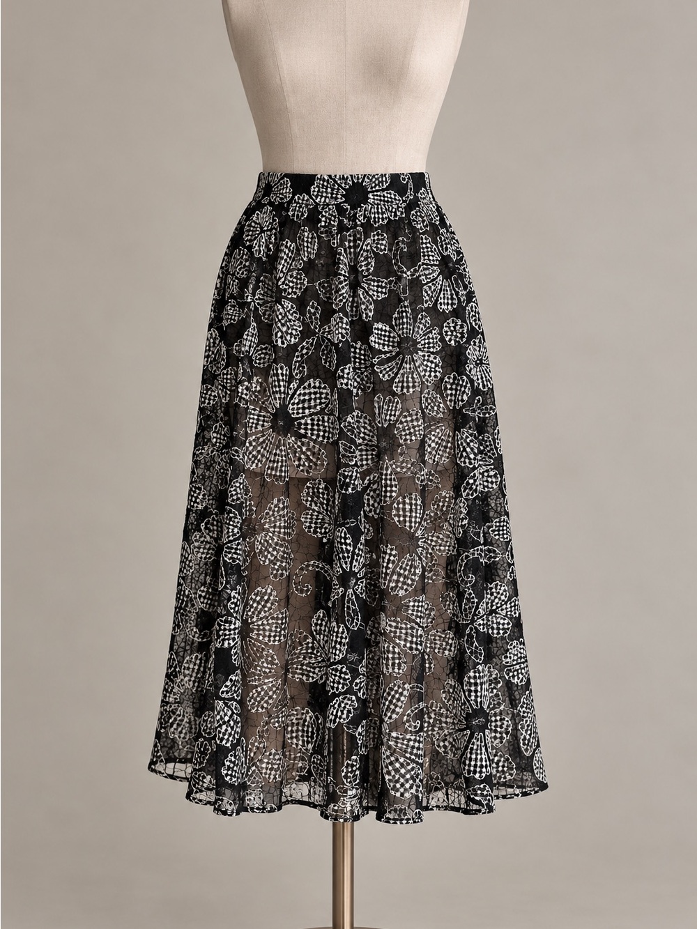 Zara Woman Black & White Floral Lace Midi Skirt with Gingham Appliqué
